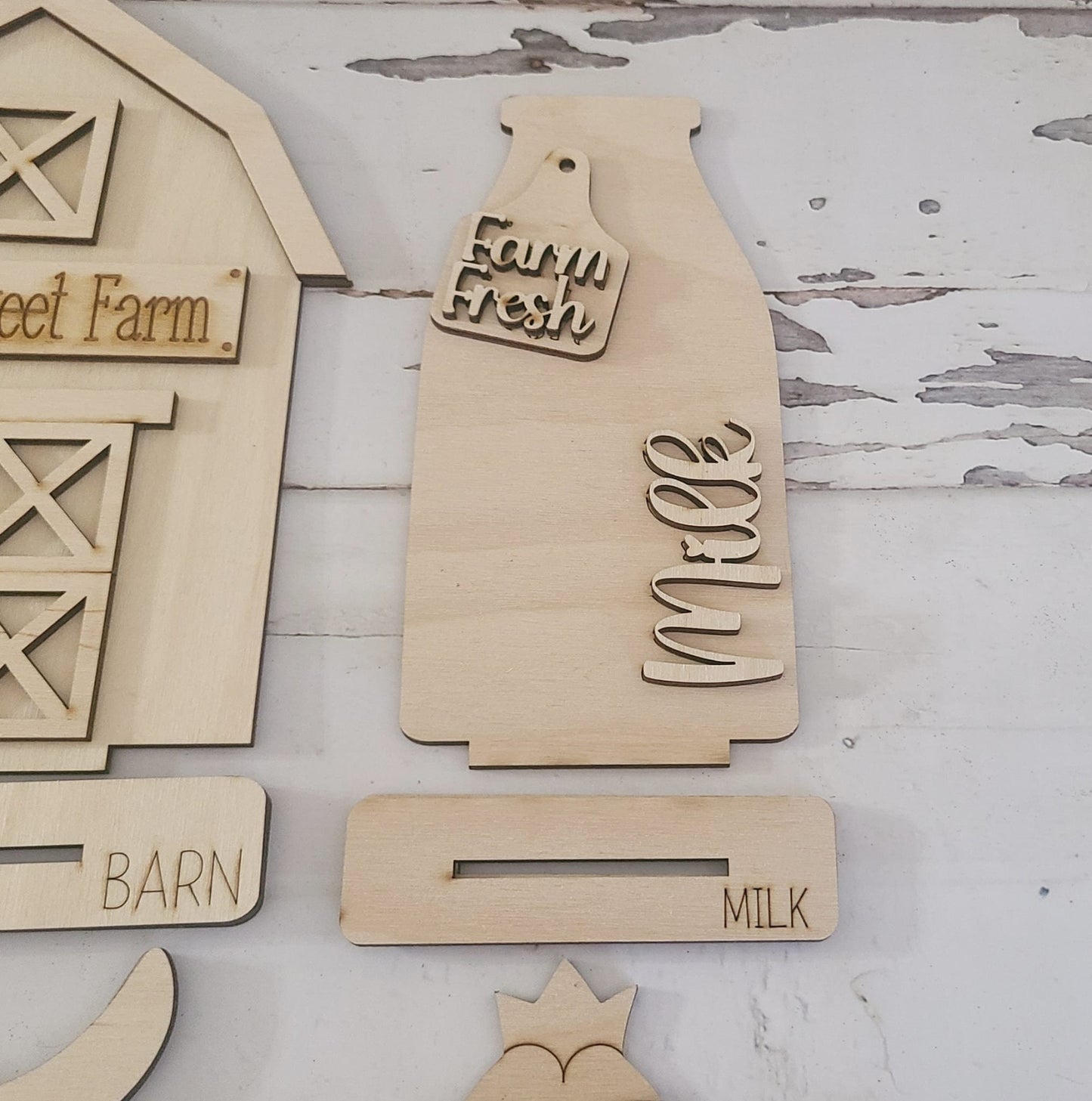 DIY Wood Farm Shelf Sitter, Highland Cow, Barn, Chicken, Milk (Unpainted)