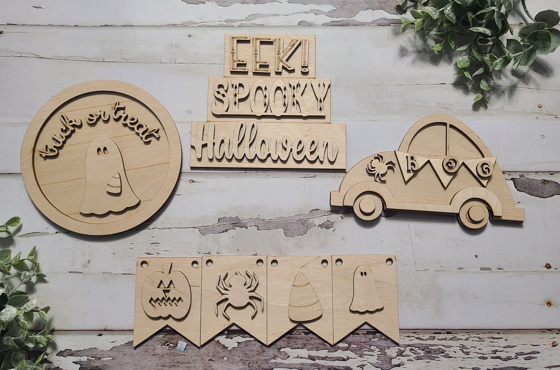 DIY Halloween Tiered Tray Blank - Trick or Treat Ghost, Halloween Car, EEK Spooky Halloween Sign, and Banner - LaserOnTheHill