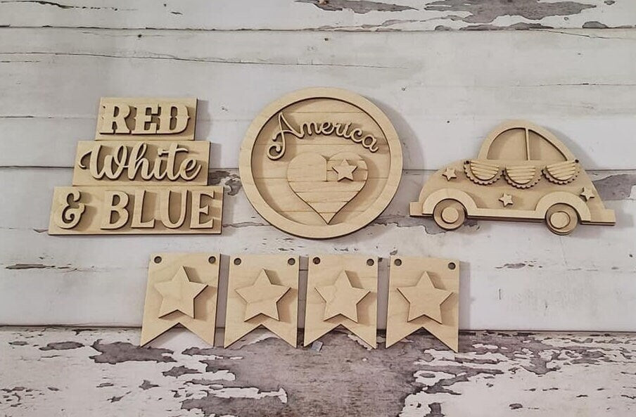 4th of July Tiered Tray Bundle DIY, Tiered Tray Decor blank, Wood Craft Kit, Do It Yourself, DIY Craft Kit, 3D Decor, Patriotic Decor DIY - LaserOnTheHill