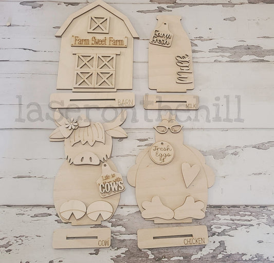DIY Wood Farm Shelf Sitter, Highland Cow, Barn, Chicken, Milk (Unpainted)