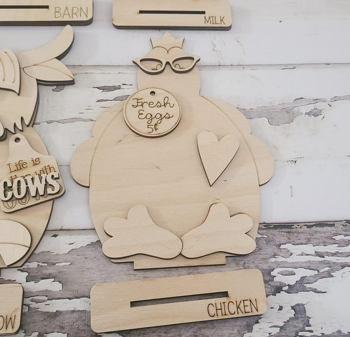 DIY Wood Farm Shelf Sitter, Highland Cow, Barn, Chicken, Milk (Unpainted)