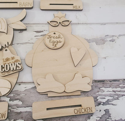 DIY Wood Farm Shelf Sitter, Highland Cow, Barn, Chicken, Milk (Unpainted)