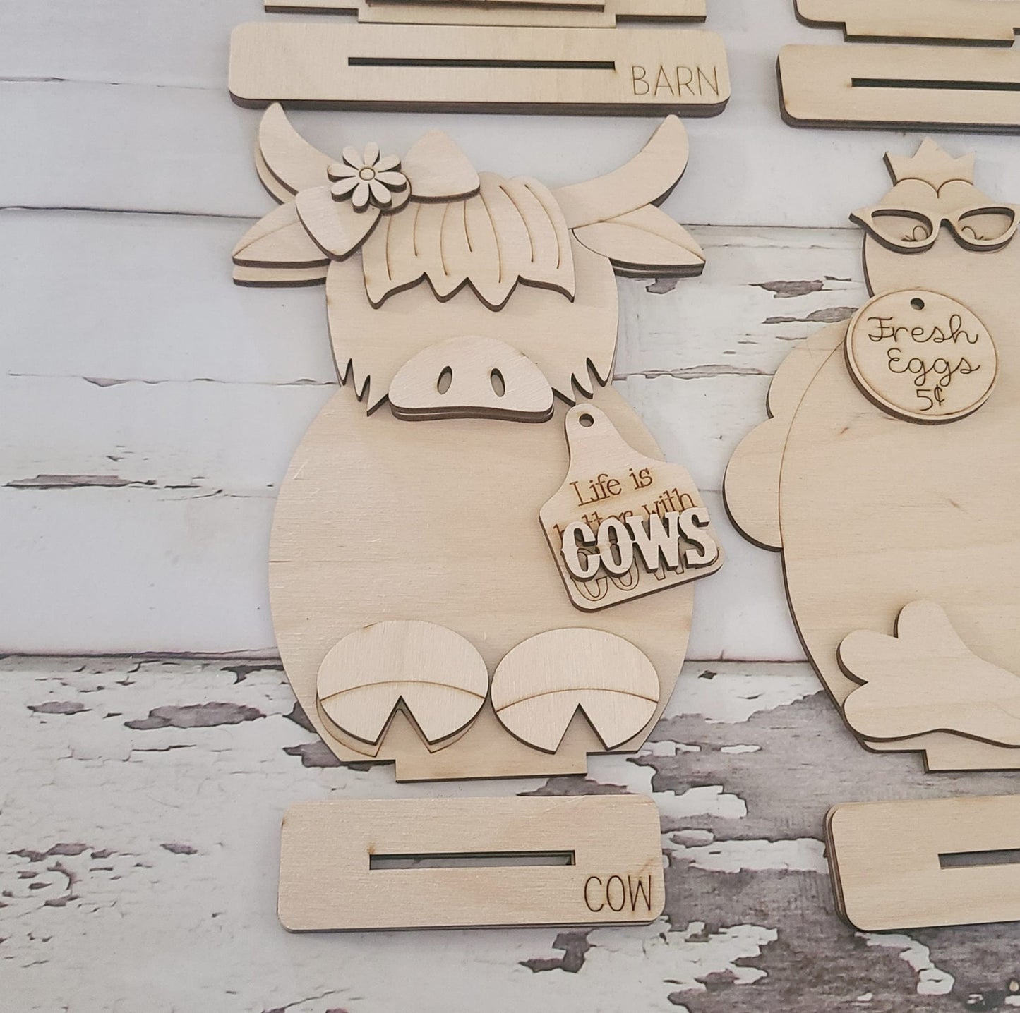 DIY Wood Farm Shelf Sitter, Highland Cow, Barn, Chicken, Milk (Unpainted)