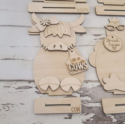 DIY Wood Farm Shelf Sitter, Highland Cow, Barn, Chicken, Milk (Unpainted)