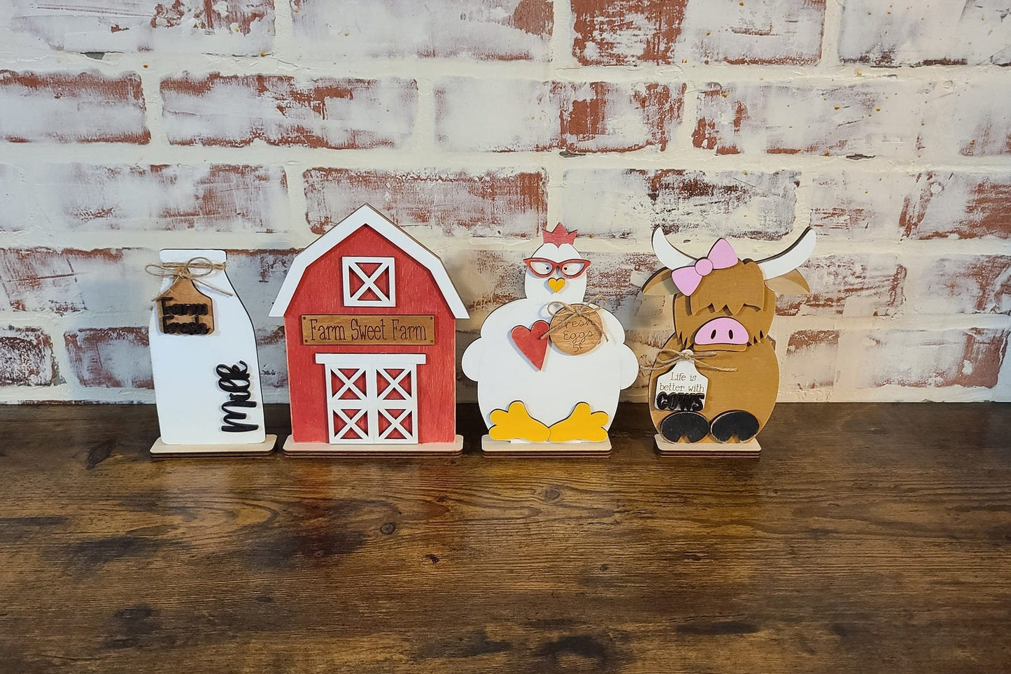 DIY Wood Farm Shelf Sitter, Highland Cow, Barn, Chicken, Milk (Unpainted)