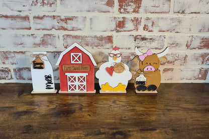 DIY Wood Farm Shelf Sitter, Highland Cow, Barn, Chicken, Milk (Unpainted)