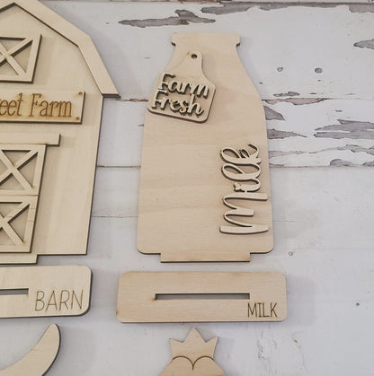 DIY Wood Farm Shelf Sitter, Highland Cow, Barn, Chicken, Milk (Unpainted)