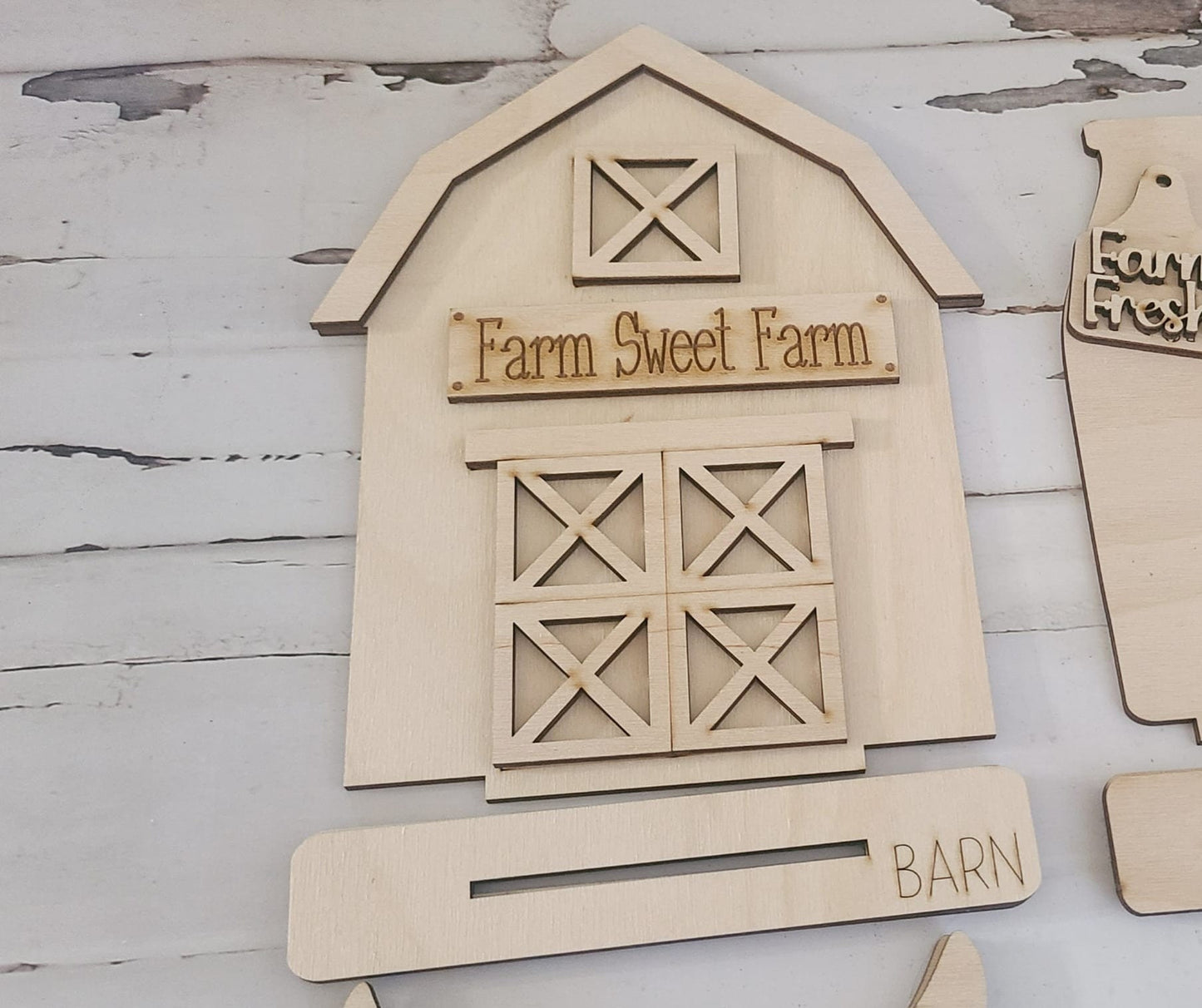 DIY Wood Farm Shelf Sitter, Highland Cow, Barn, Chicken, Milk (Unpainted)