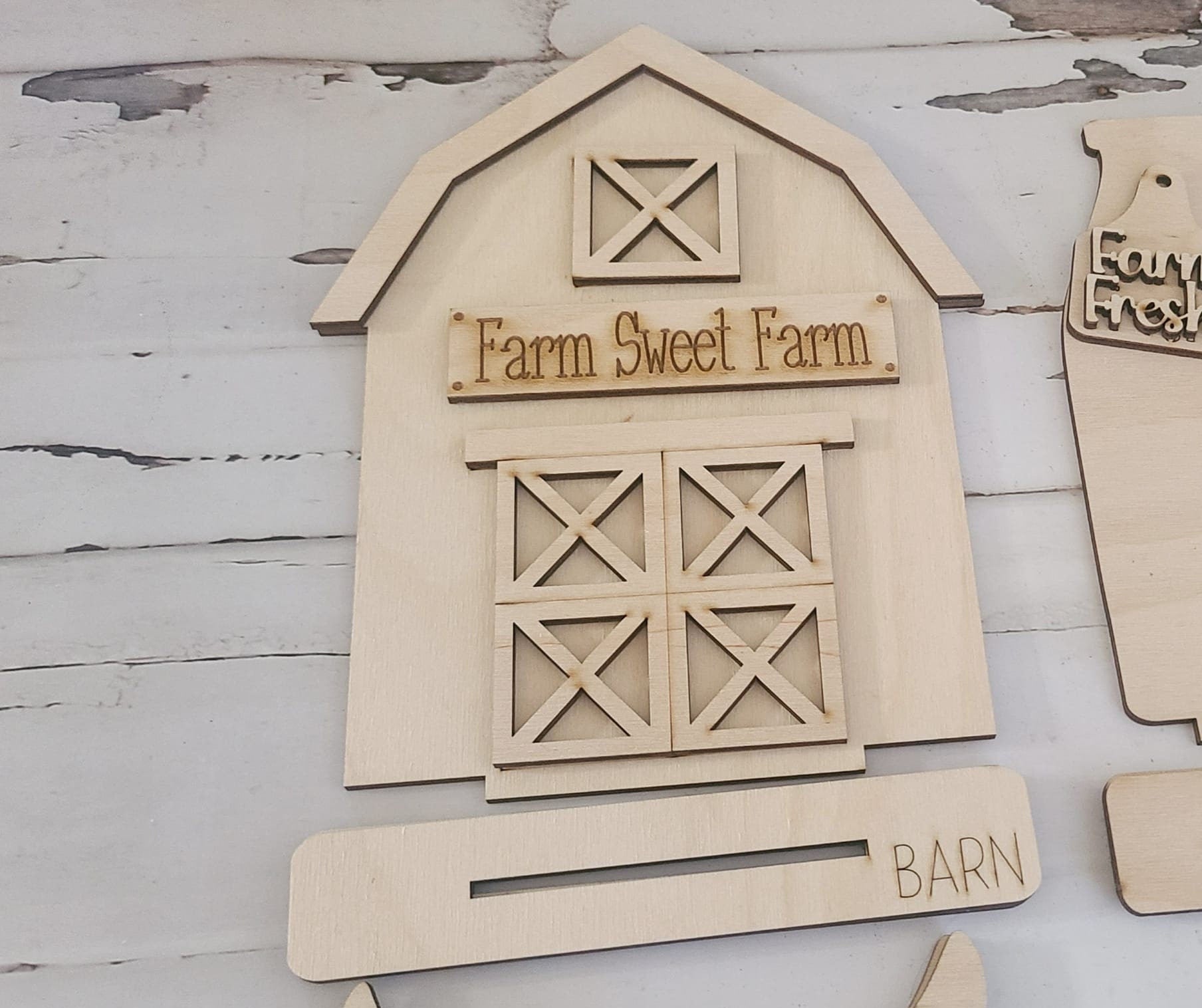 DIY Wood Farm Shelf Sitter, Highland Cow, Barn, Chicken, Milk (Unpainted)