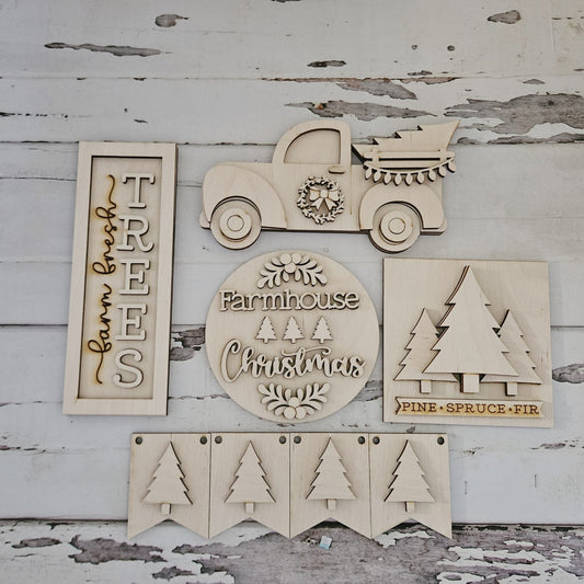Christmas Tiered Tray Decor DIY Kit, Farmhouse Truck, Tree Banner