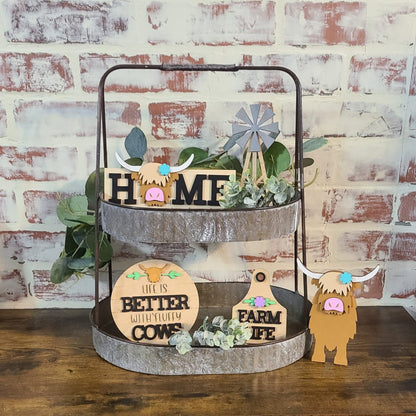 Highland Cow Tiered Tray Decor, DIY Unfinished Wood Kit