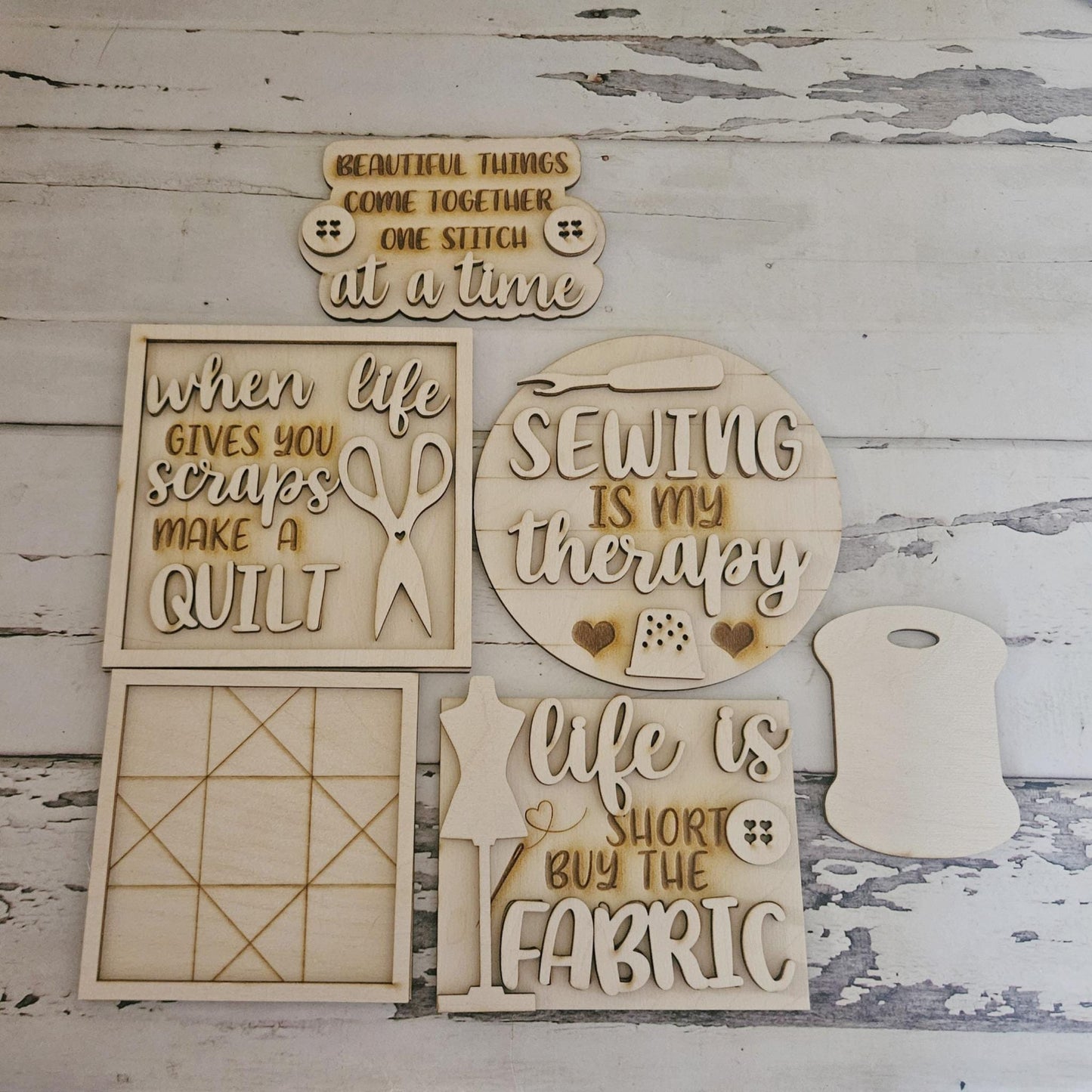 DIY Craft Tiered Tray Decor Blank, Sewing Theme, Unpainted Wood Kit