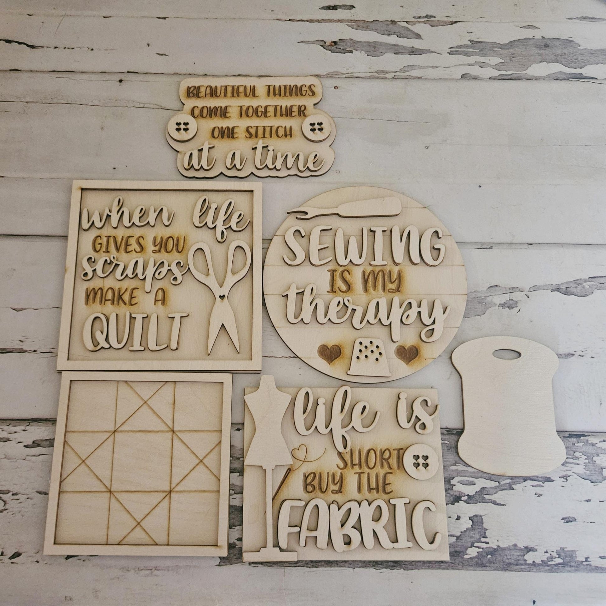 DIY Craft Tiered Tray Decor Blank, Sewing Theme, Unpainted Wood Kit
