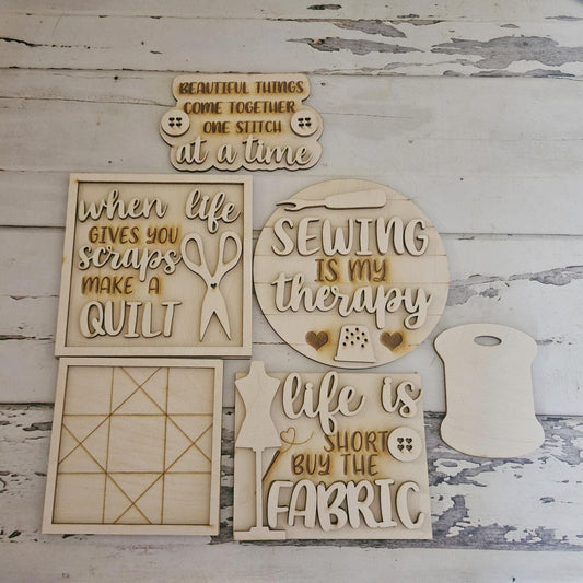 DIY Craft Tiered Tray Decor Blank, Sewing Theme, Unpainted Wood Kit