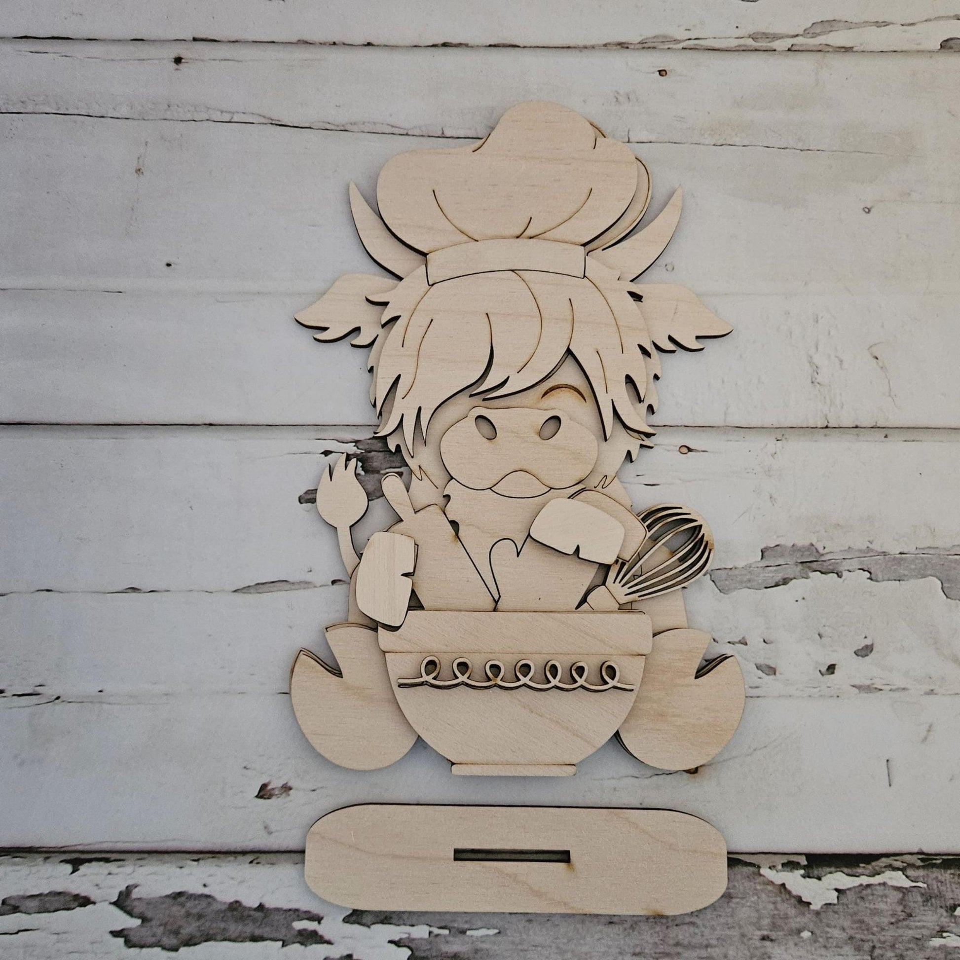 DIY Highland Cow Chef Shelf Sitter Kit: Unpainted Wood Decor