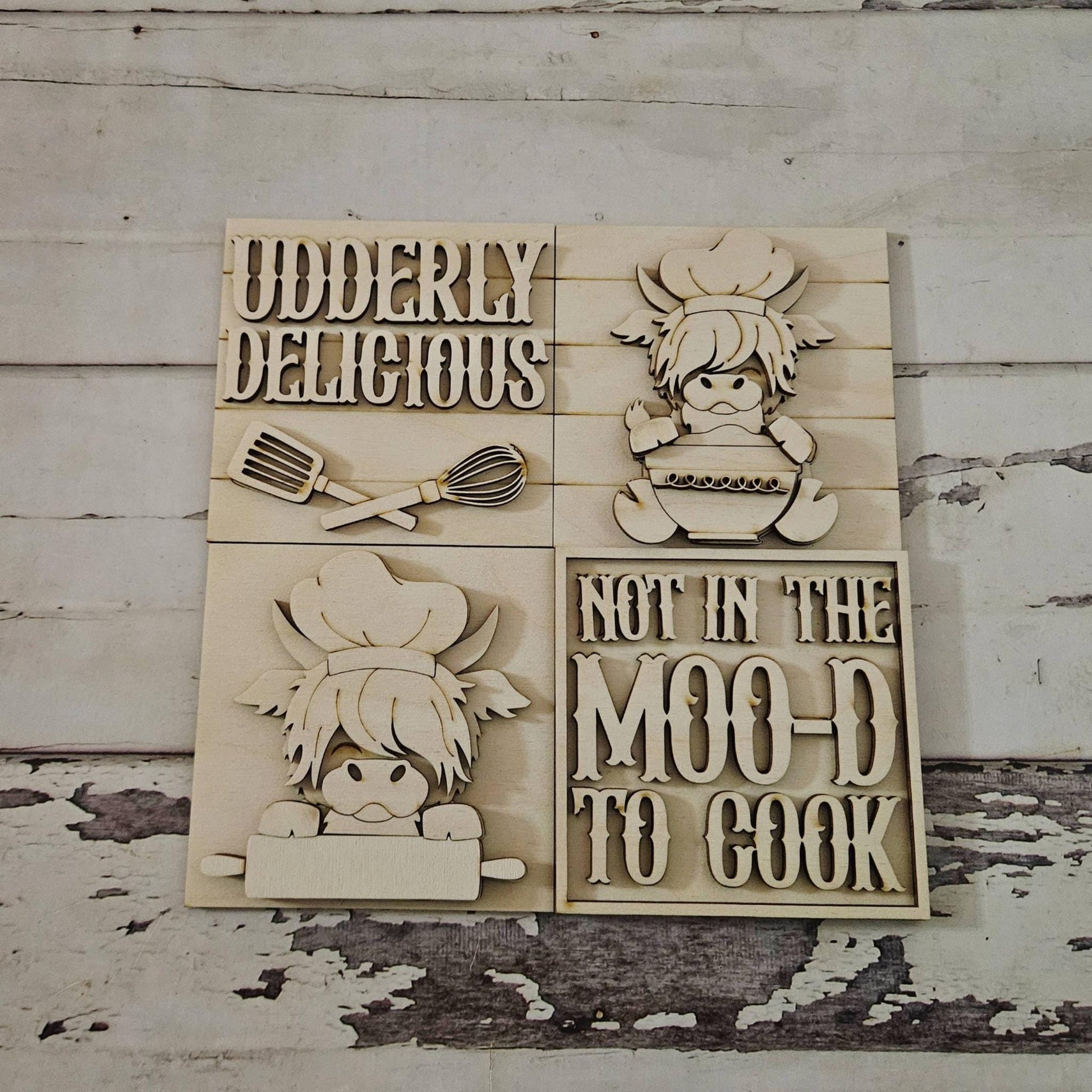 DIY Kitchen Tiered Tray Decor Set, Unpainted Highland cow wood signs