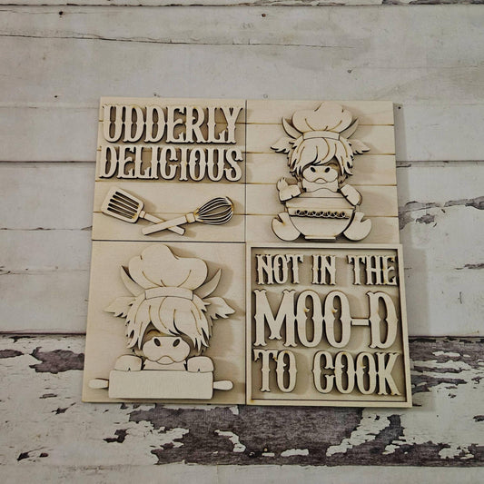 DIY Kitchen Tiered Tray Decor Set, Unpainted Highland cow wood signs