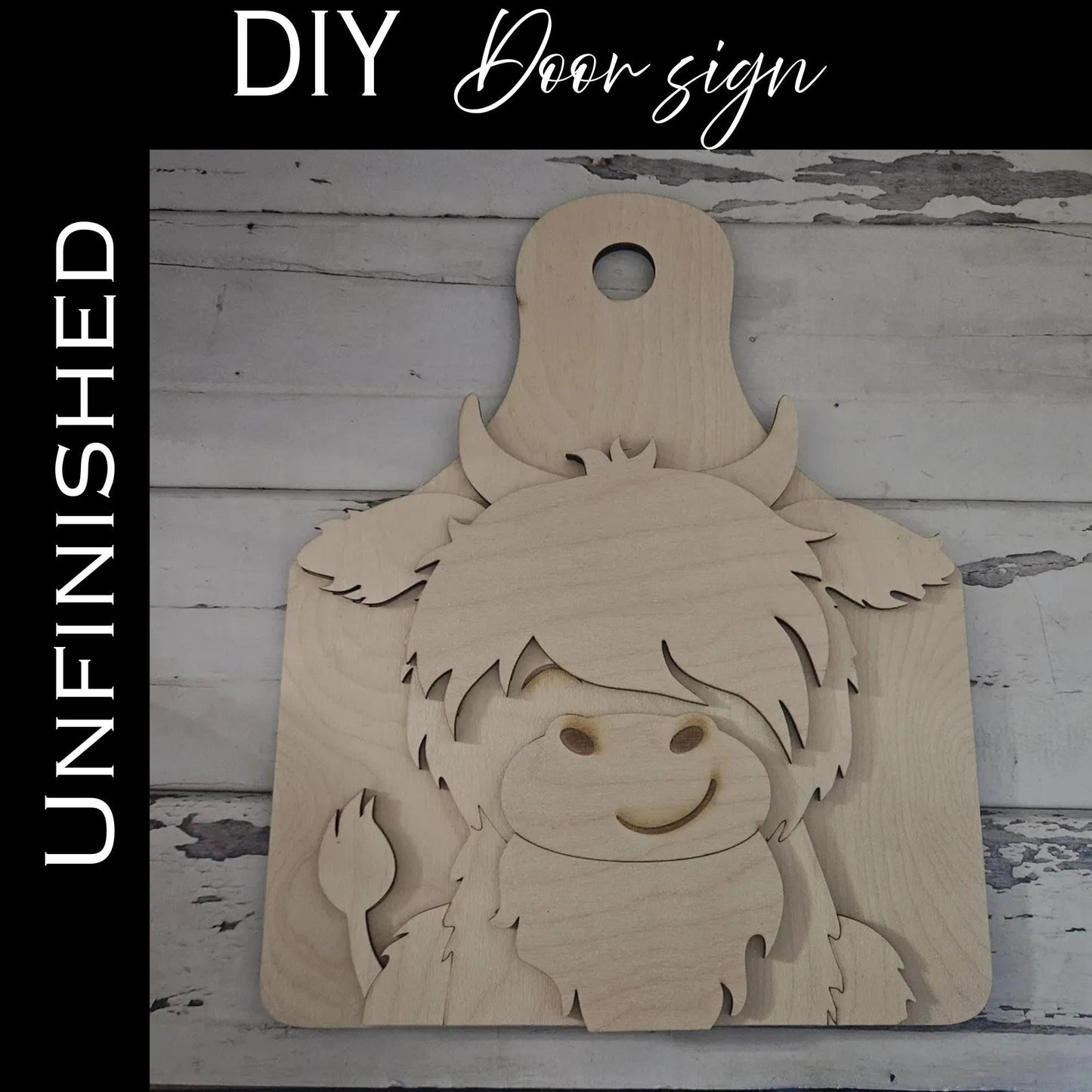 DIY Highland Cow Door Sign Blank - Unpainted Wood Craft