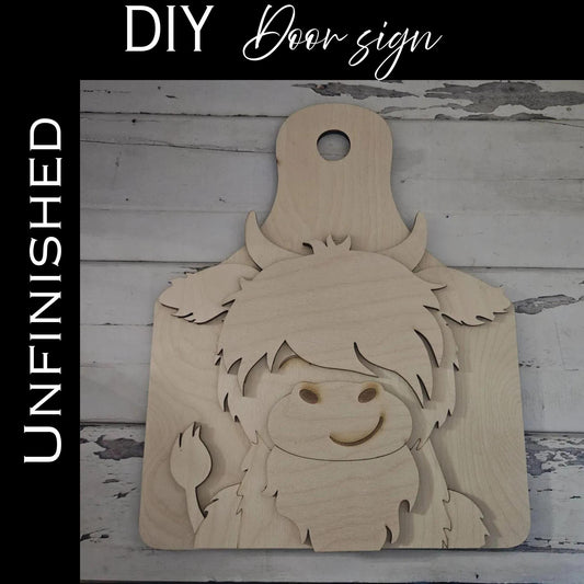 DIY Highland Cow Door Sign Blank - Unpainted Wood Craft