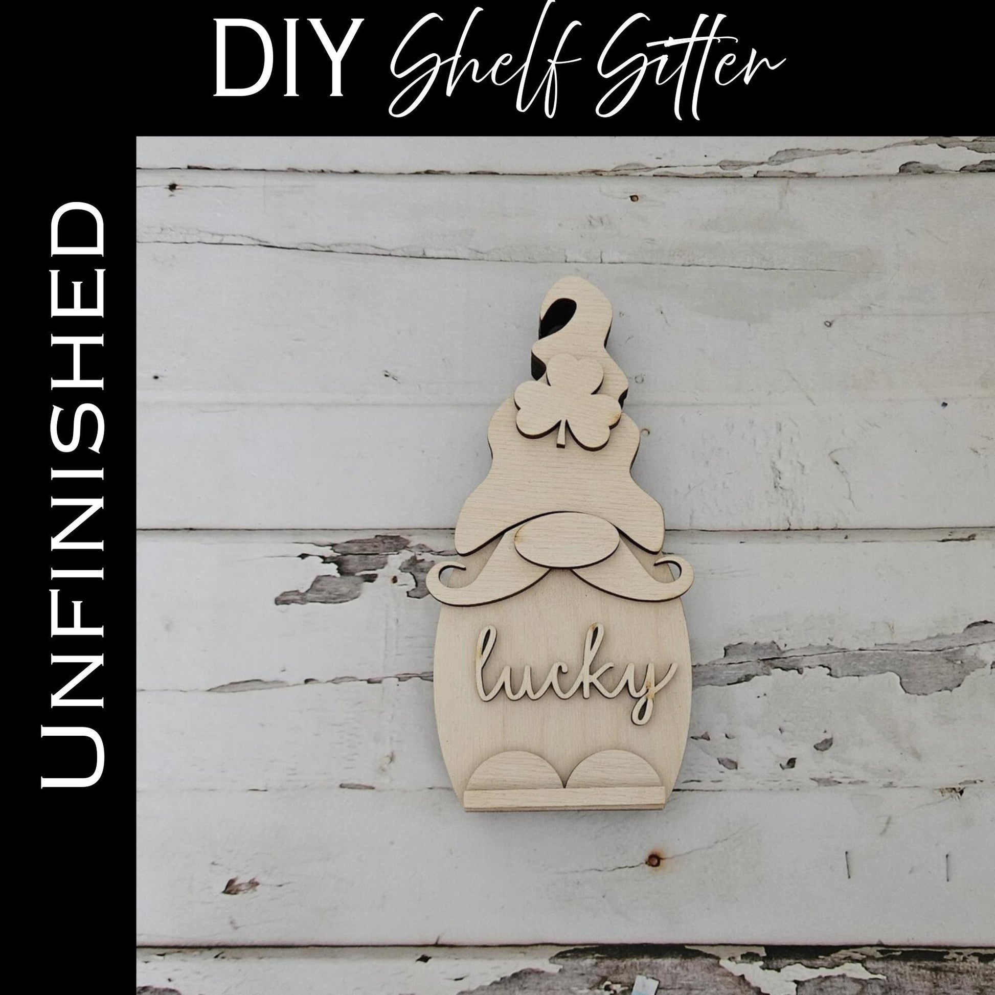 DIY St Patrick's Gnome Shelf Sitter, Unpainted Wood Decor