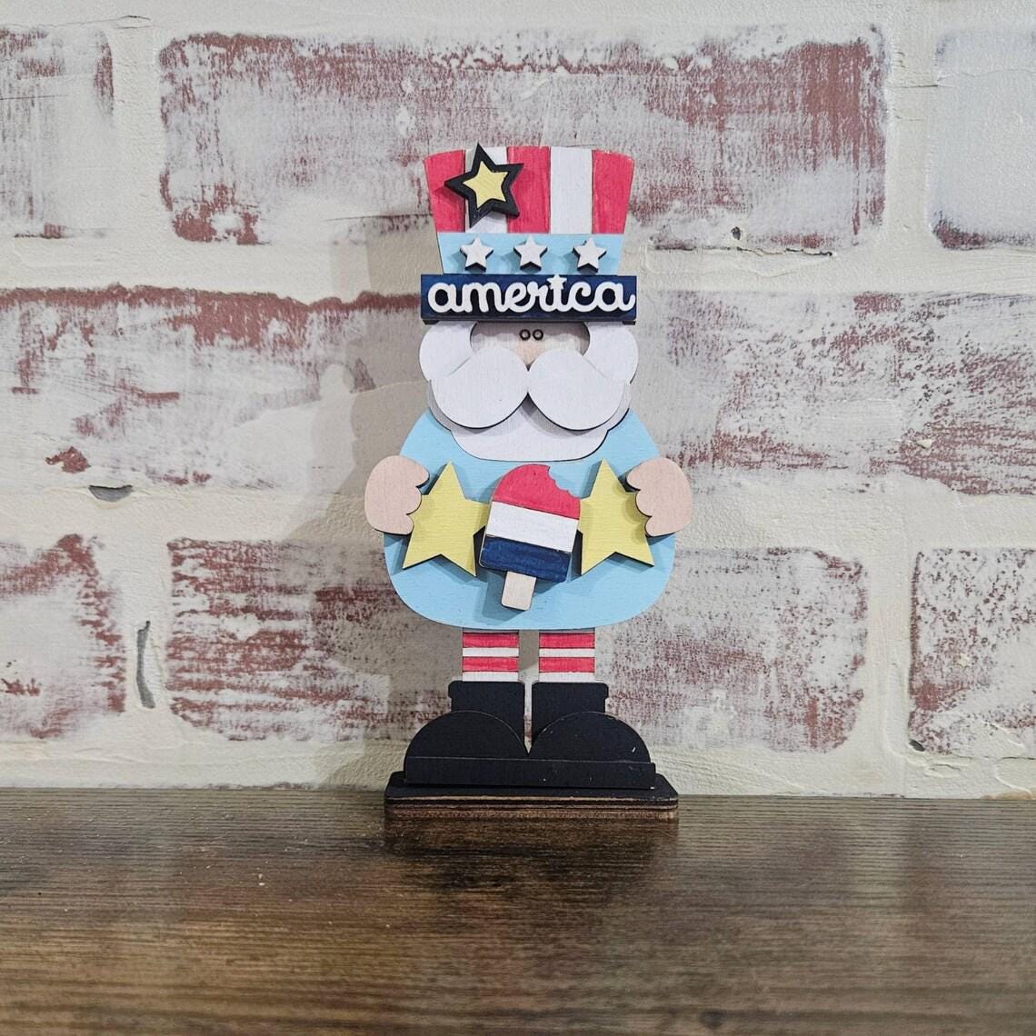 DIY 4th of July Gnome Shelf Sitter, Patriotic Tiered Tray Decor, Wood Blank